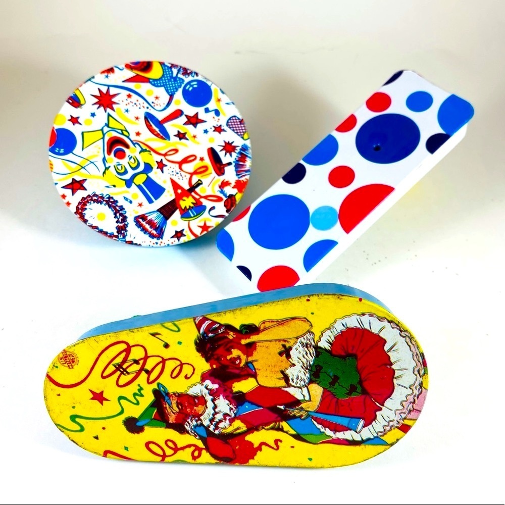 Set of 3 vintage tin New Years Eve noise makers.